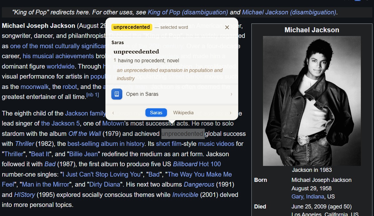 SARAS in action — defining a word with a clean popup